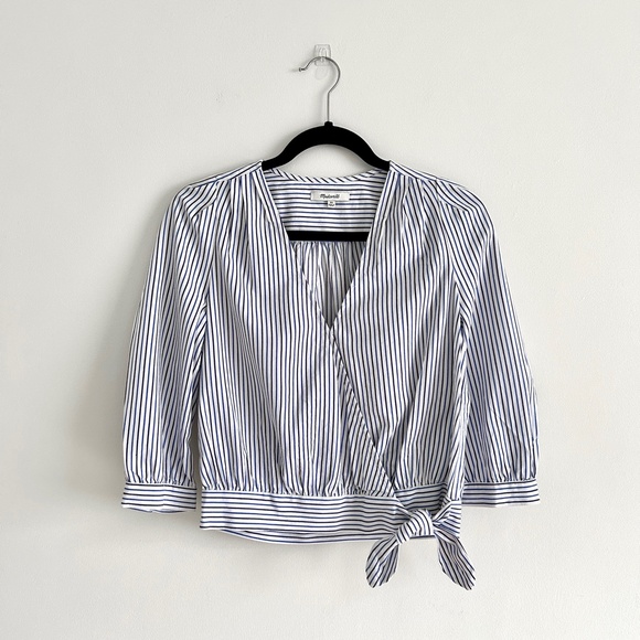 Madewell Tops - Madewell Wrap Blouse Striped Blue and White with Bow and Buttons Size XS